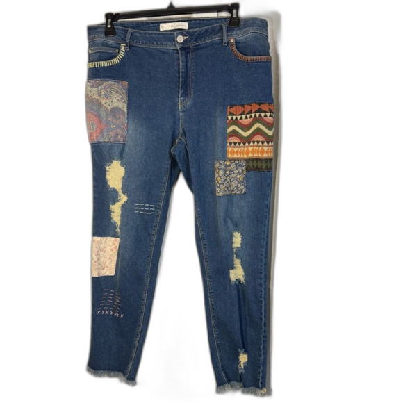 Est 1946 Patchwork Blue Jeans size 16 ankle length fray hem - Picture 1 of 13